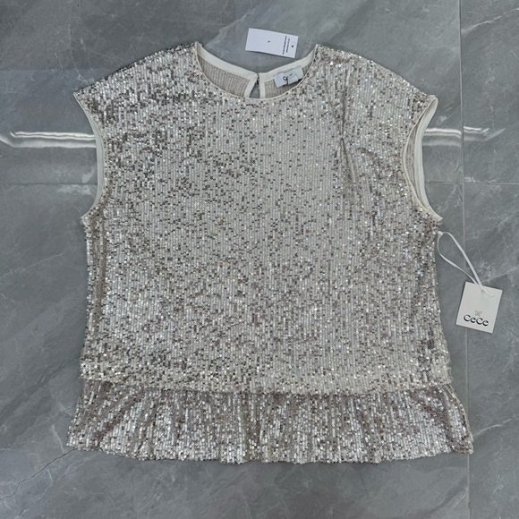 CeCe Tops - Women’s Cece Sleeveless Sequin Peplum Ruffle Top Party Holiday Size Large